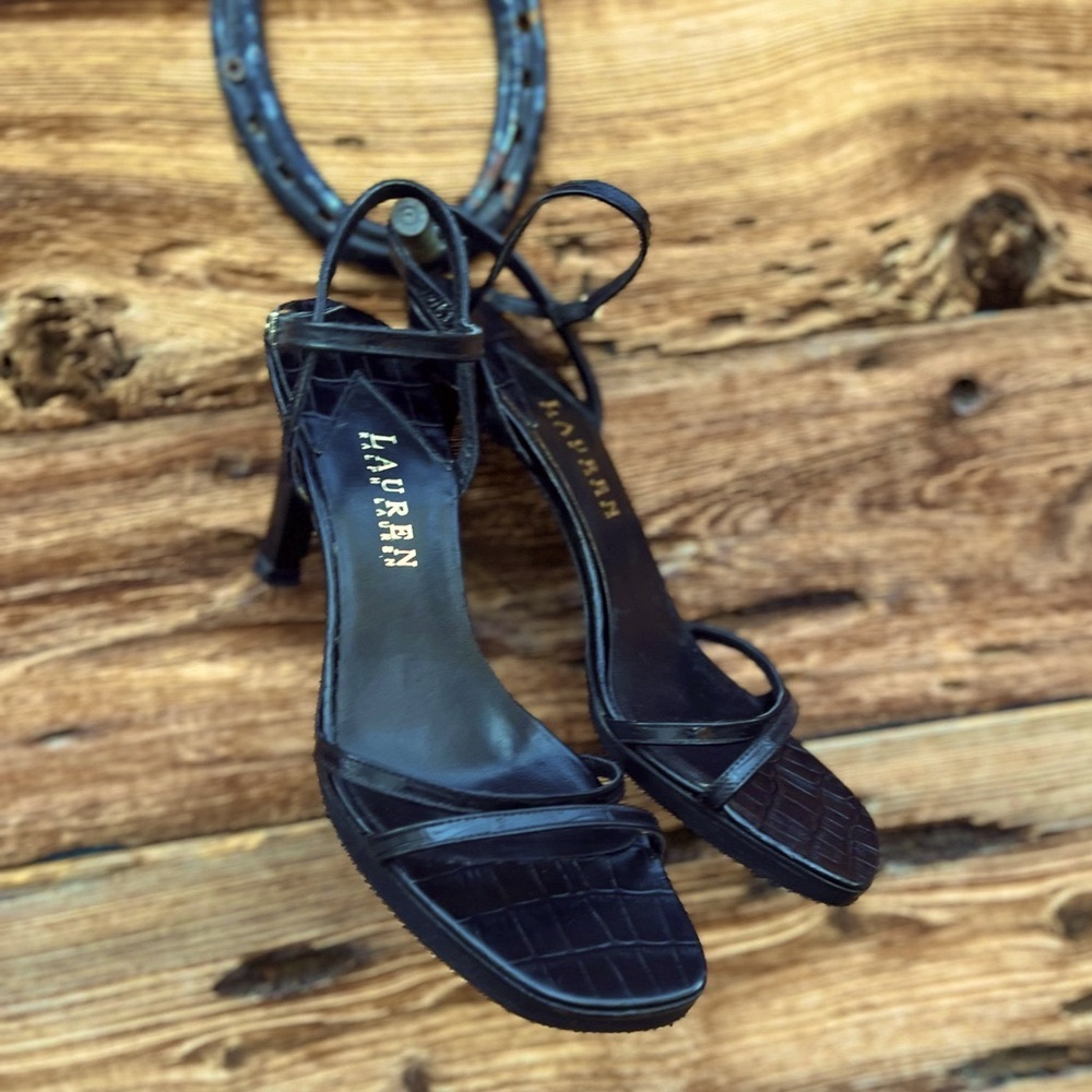 RALPH LAUREN | Black Embossed Strappy Heels 38 7